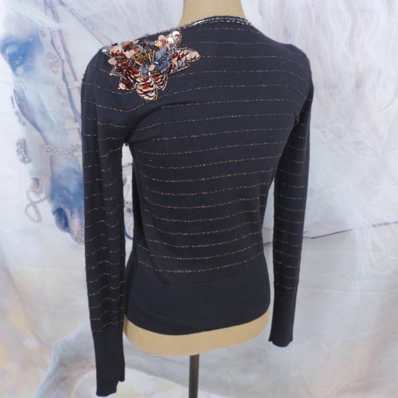 Marc By Marc Jacobs Black Bronze Stripe Sequin Floral Fitted Size XS Sweater - Picture 8 of 10